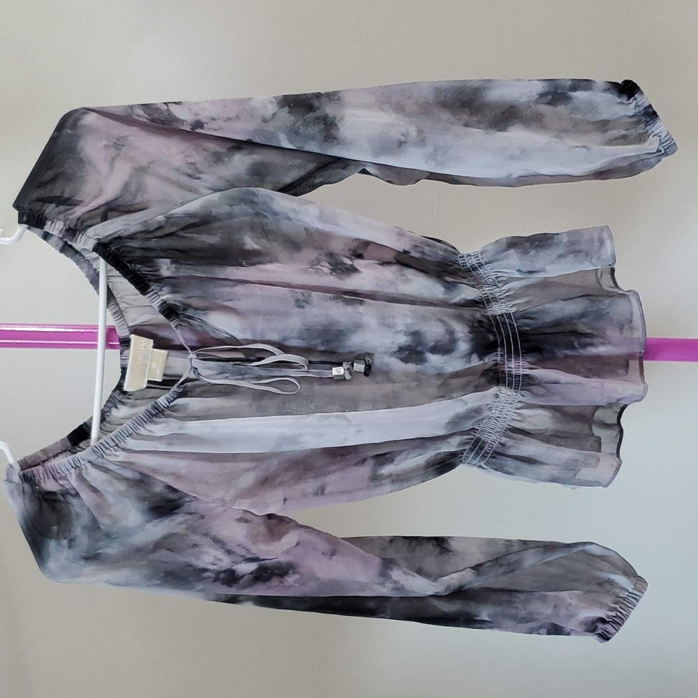 Michael Kors Purple Grey Long Sleeve See-through Camouflage Marble Blouse sz P
